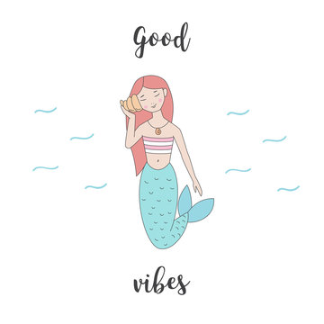 Cute mermaid listens good vibes in the shell