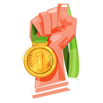 Fist with gold medal, winner concept - vector