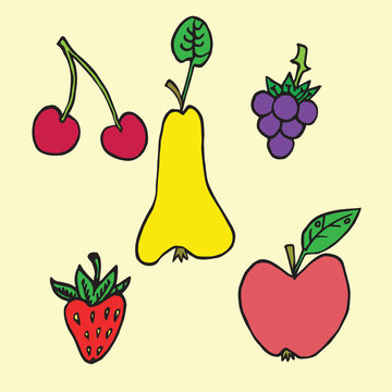 Cherry, pear, strawberry, blackberry, apple, fruits and berries collection, hand drawn doodle, sketch in naïve, pop art style, color vector illustration isolated on yellow
