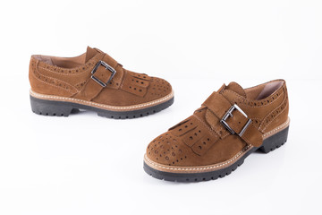 Female Brown Leather Shoe on White Background, Isolated Product.