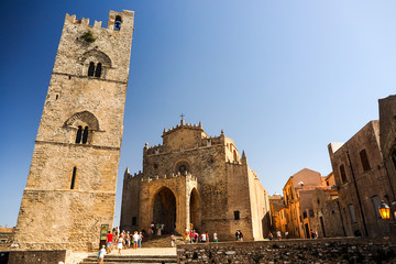 ERICE / ITALY - 18.09.2015 : Main Cathedral of Erice,Sicily, Santa Maria Assunta - obrazy, fototapety, plakaty