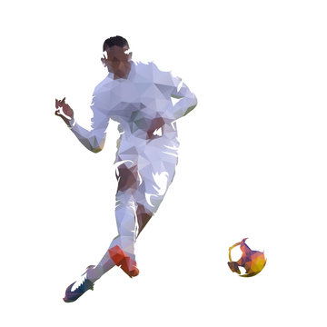 Soccer player kicking ball, geometric vector illustration