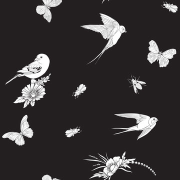 Floral seamless pattern with butterflies and bees and birds in realistic botanical style. Stock vector illustration. In black and white. © Elen Lane
