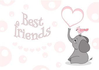 Cute cartoon elephant with bird. Best friends. Vector.