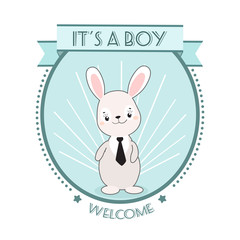 Baby shower invitation retro card with cute funny bunny. Vector illustration.