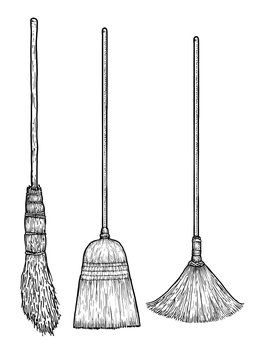 Broom illustration, drawing, engraving, ink, line art, vector