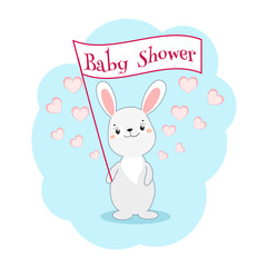 Baby shower invitation card with cute funny rabbit. Vector illustration.