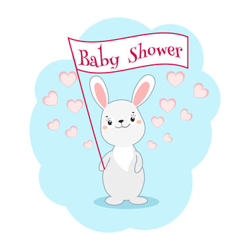 Baby shower invitation card with cute funny rabbit. Vector illustration.