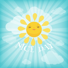 Background with cute smiling cartoon sun.  Nice day. Vector illustration.