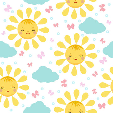 Baby seamless  pattern with cartoon cute sun. For kid textile and other print. Vector.