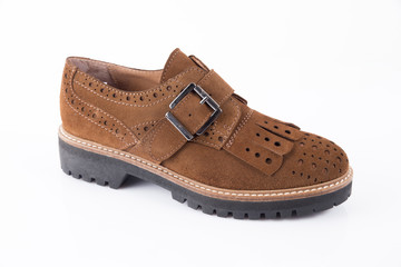 Female Brown Leather Shoe on White Background, Isolated Product.