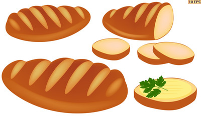 Loaf. Wheat white loaf of bread. Freshly baked loaves. Bakery, bakery products, pastries. Vector illustration, isolated on white background.