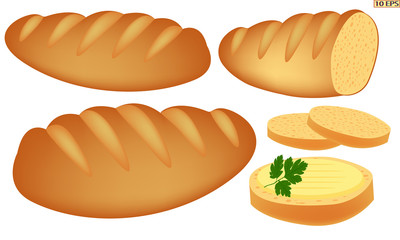 Loaf. Wheat white loaf of bread. Freshly baked loaves. Bakery, bakery products, pastries. Vector illustration, isolated on white background.