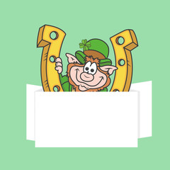 Funny Leprechaun with Horseshoe - Vector Business Banner