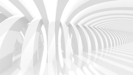 Futuristic white corridor with abstract columns and bright sunlight. 3D Rendering.