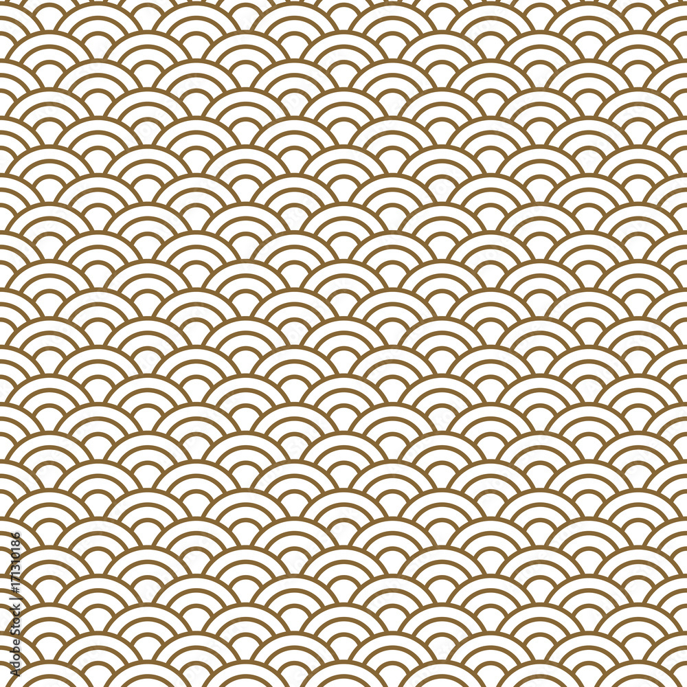 Wall mural Japanese wave traditional vector seamless pattern in gold line color style. Japan inspired floral design.