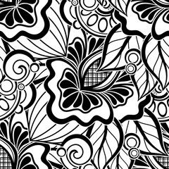 Black and White Seamless Pattern with Floral Motifs. Endless Texture with Flowers, Leaves and Swirl. Natural Background in Doodle Style. Template for Pressured Printing. Vector Contour Illustration