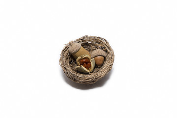 Decorative Bird's Nest With Small Acorns Inside, Isolated On White Background