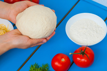 Girl holding a pizza dough, on the background of the ingredients. The chef prepares pastry.