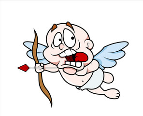 Scared Cartoon Cupid Flying with Bow Arrow