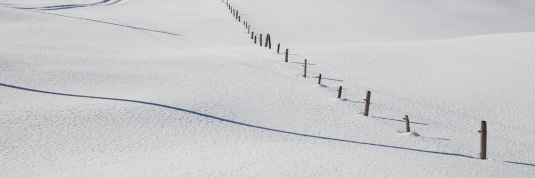 Zaunpf&auml;hle in der Schneelandschaft, Kleinwalsertal, Vorarlberg, &Ouml;sterreich