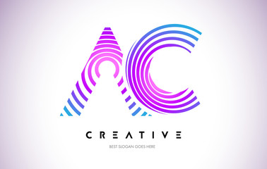 AC Lines Warp Logo Design. Letter Icon Made with Purple Circular Lines.