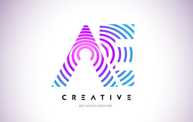 AE Lines Warp Logo Design. Letter Icon Made with Purple Circular Lines.