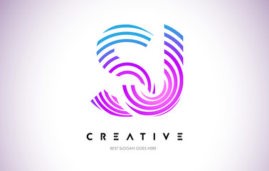 SJ Lines Warp Logo Design. Letter Icon Made with Purple Circular Lines.