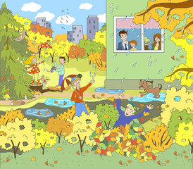 Child illustration. Autumn picture in the garden, in the country, on the nature. A rainy day, puddles, leaf fall, yellow, orange trees. Children play in leaves, walk with an umbrella, take pictures