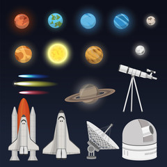 Big set of Solar system Space Shuttle Illustration and astronomy observatory the science background objects © borodatch