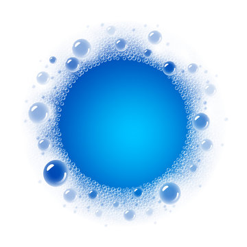 Soap foam overlying on the background of a blue water color. Transparent vector frame