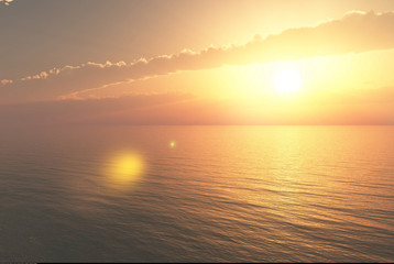 Sonnenuntergang am Meer. Wolkenstreifen vor der untergehenden Sonne. Spiegelung im Meer mit Lensflare. Erstellt in 3D 