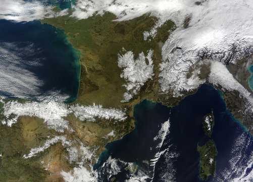 Satellite view of the snow in the mountains in southwestern Europe. Elements of this image furnished by NASA.