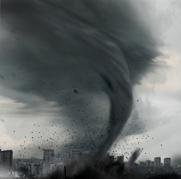 tornado twisting above city