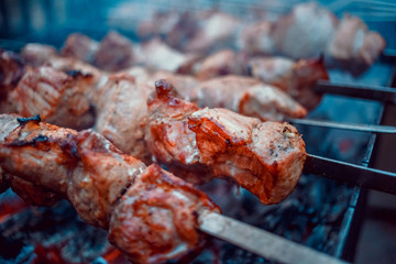 Grilled kebab cooking on metal skewers (grill). Roasted meat cooked at barbecue with smoke. Close up BBQ fresh pork meat chop slices. Traditional eastern dish, shish kebab.