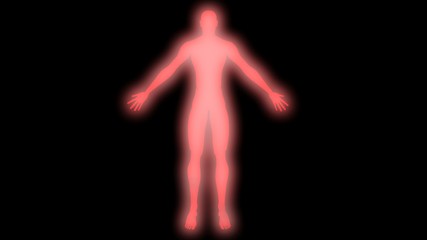 Glowing man with raised arms. Internal smoke effect in body silhouette. 3d rendering