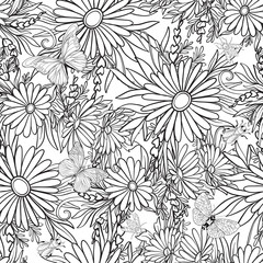Floral seamless pattern with butterflies and bees  in realistic botanical style.  Stock vector illustration. Outline hand drawn.
