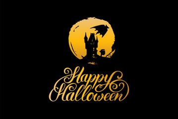 Vector illustration with Happy Halloween lettering. All Saints Eve background. Festive symbols for greeting card, poster