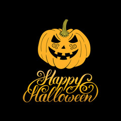 Pumpkin vector illustration with Happy Halloween lettering for party invitation card, poster. All Saints Eve background