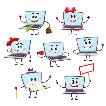 Set of various funny cartoon laptop computer characters - happy, old, sick, vector illustration isolated on white background. Cartoon set of laptop computer characters with human faces