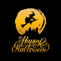 Witch vector illustration with Happy Halloween lettering. All Saints Eve background. Festive hand sketched card.