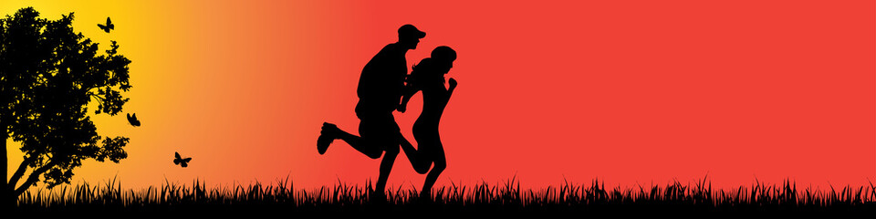 Vector silhouette of couple who run in nature at sunset.