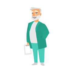 vector flat cartoon adult male grey-haired doctor, head physician in green medical clothing holding clipboard with blank paper smiling. Isolated illustration on a white background.