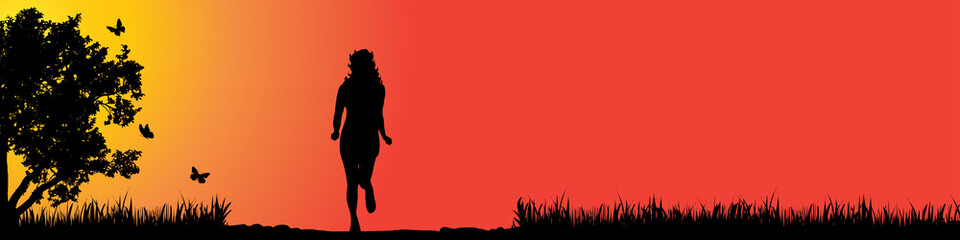Vector silhouette of girl who run in nature at sunset.