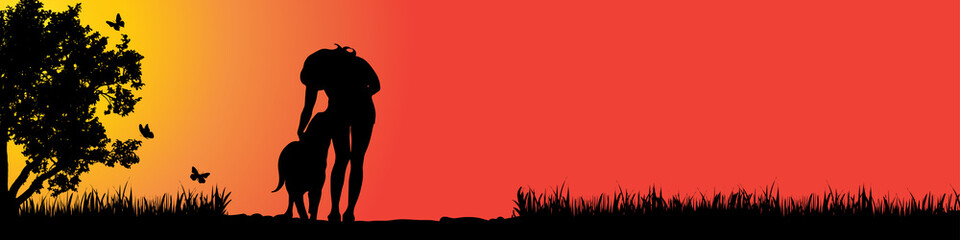 Fototapeta na wymiar Vector silhouette of girl with dog in nature at sunset.