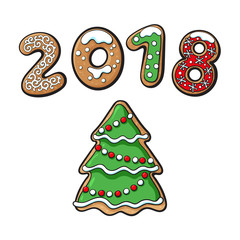 Gingerbread christmas spruce tree cookie vector isolated illustration on a white background. New year 2018 baked candy numbers on background of cartoon sweet cake Traditional winter holiday home treat