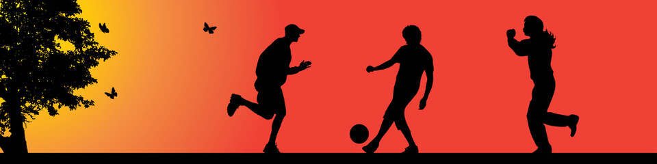Fototapeta premium Vector silhouette of footballers in nature at sunset.