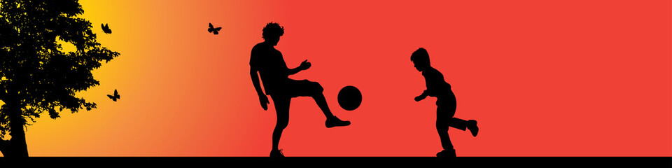 Vector silhouette of footballers in nature at sunset.