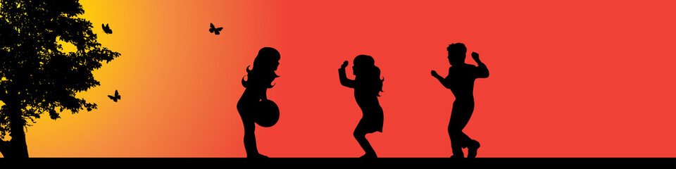 Vector silhouette of children in nature at sunset.