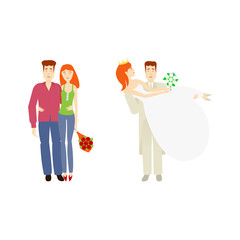 vector flat cartoon adult young couple hugging each other, newlywed couple, groom holds bride in hands. Isolated illustration on a white background. Flat family characters.
